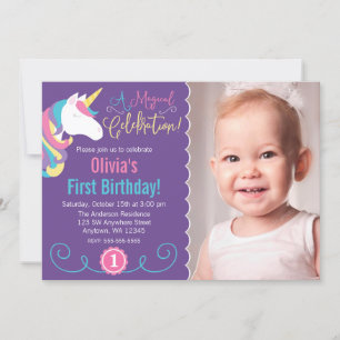 Invitation Magique Unicorne violet photo Anniversaire Invitat