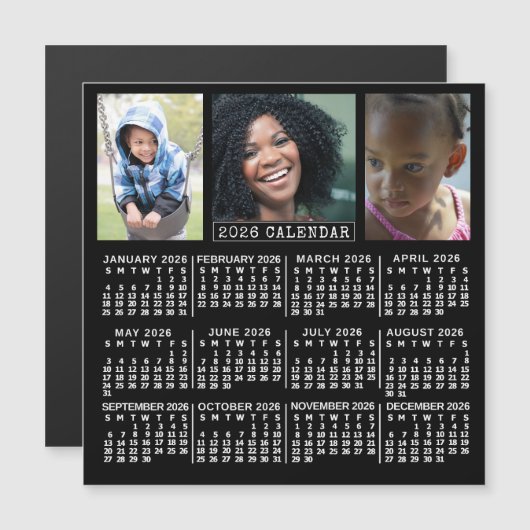 Invitation Magnétique 2026 Calendar Year Black | 3 Custom Photo Collage (Devant / Derrière)
