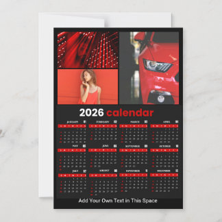 Invitation Magnétique 2026 Year Calendar Black Red Personalized Photo