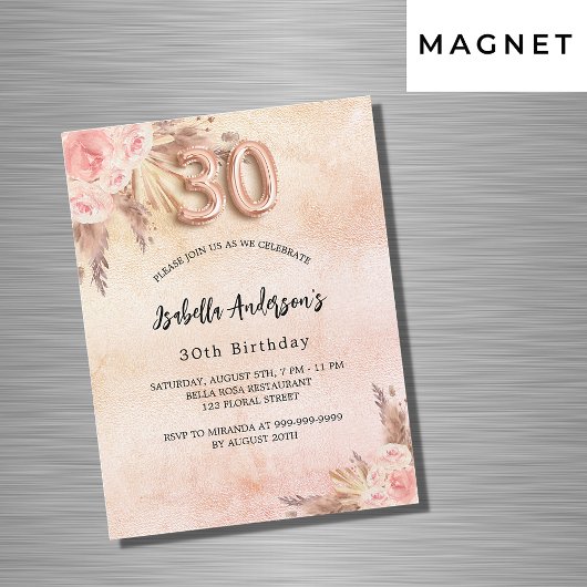 Invitation Magnétique 30e anniversaire pampas herbe rose or fleurie luxe