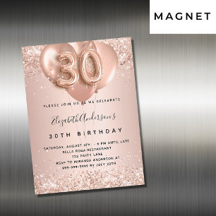 Invitation Magnétique 30e anniversaire rose ballons d'or luxueux