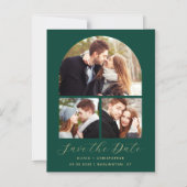 Invitation Magnétique 3-Photo Arch Emerald Green Gold Enregistrer la dat (Recto)