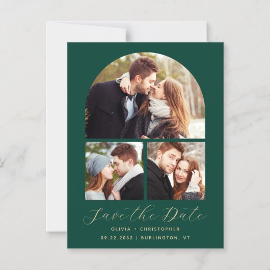 Invitation Magnétique 3-Photo Arch Emerald Green Gold Enregistrer la dat (Recto)