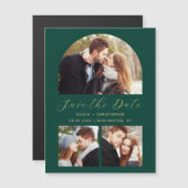 Invitation Magnétique 3-Photo Arch Emerald Green Gold Enregistrer la dat (Devant / Derrière)