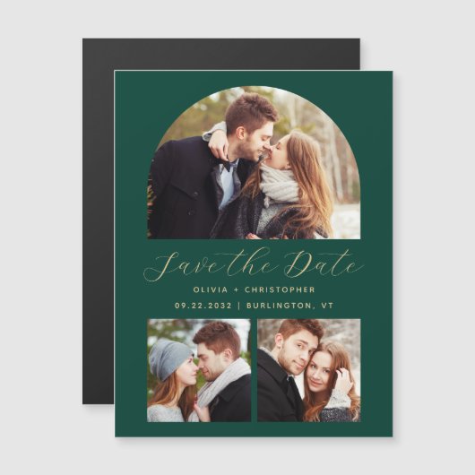 Invitation Magnétique 3-Photo Arch Emerald Green Gold Enregistrer la dat (Devant / Derrière)