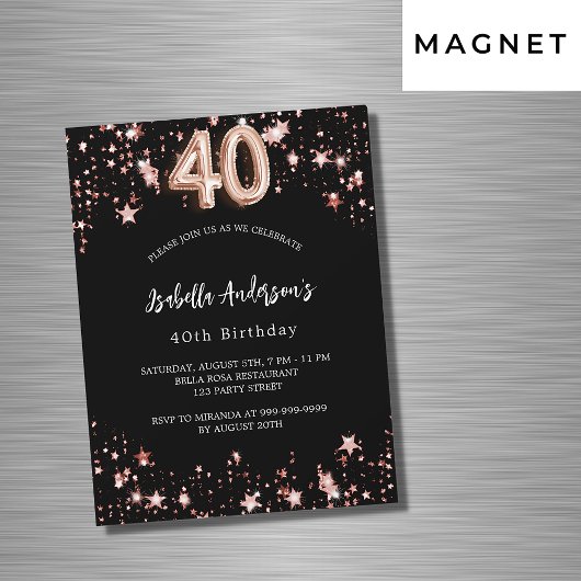 Invitation Magnétique 40e anniversaire noir rose or étoiles luxe