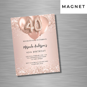 Invitation Magnétique 40e anniversaire rose ballons d'or luxe