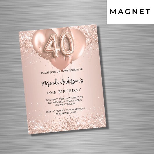 Invitation Magnétique 40e anniversaire rose ballons d'or luxe