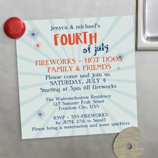 Invitation Magnétique 4 juillet Red White et Blue Fireworks Party