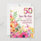 Invitation Magnétique 50 ans lin floral 50e anniversaire Enregistrer la (Recto)