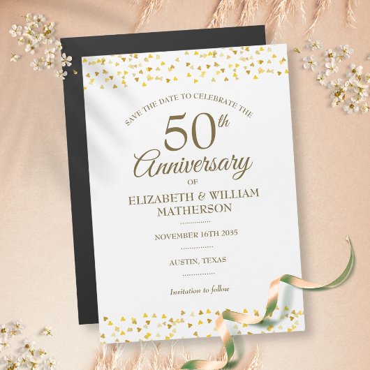 Invitation Magnétique 50e Anniversaire Coeurs d'or Sauvez la date