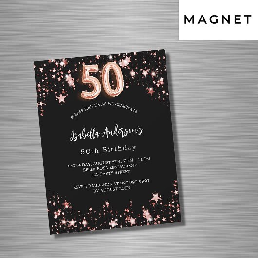 Invitation Magnétique 50e anniversaire noir rose or étoiles luxe