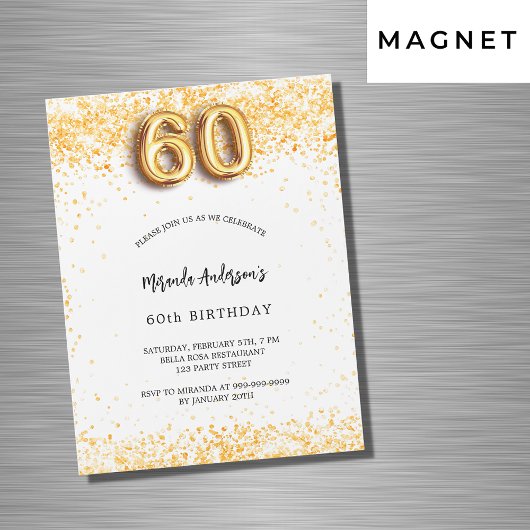 Invitation Magnétique 60e anniversaire blanc confetti luxe