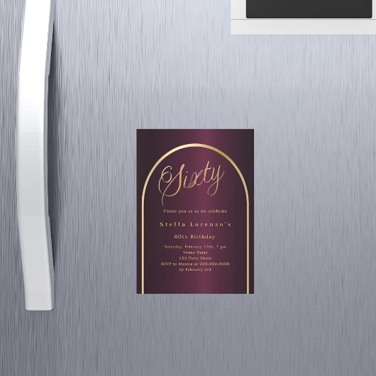 Invitation Magnétique 60e anniversaire burgundy or arch script luxe