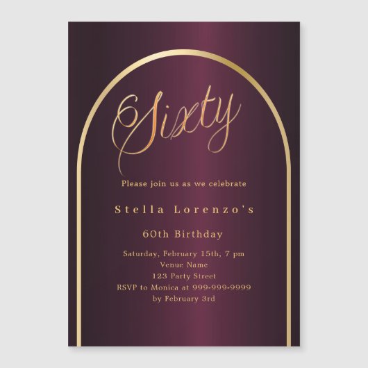 Invitation Magnétique 60e anniversaire burgundy or arch script luxe (Devant)