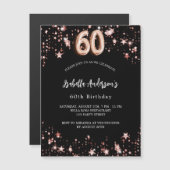 Invitation Magnétique 60e anniversaire noir rose or étoiles luxe (Devant / Derrière)