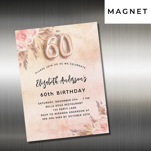 Invitation Magnétique 60e anniversaire pampas herbe fleurons roses luxe