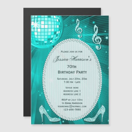 Invitation Magnétique 70e anniversaire Sparkle Heels et Turquoise Disco  (Devant / Derrière)