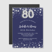 Invitation Magnétique 80e anniversaire marine bleu argent étoiles luxe (Devant / Derrière)