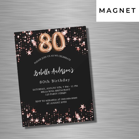 Invitation Magnétique 80e anniversaire noir rose or étoiles luxe