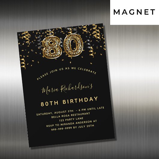 Invitation Magnétique 80e anniversaire or noir luxe empreinte de léopard