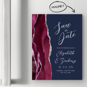 Invitation Magnétique Agate Bourgogne Argent Marine Mariage Économisez l