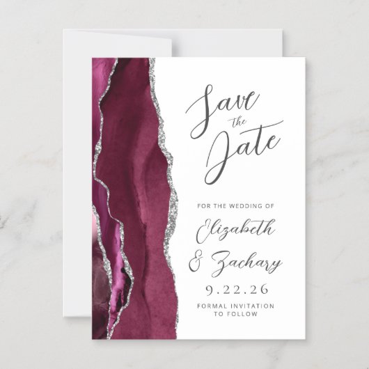 Invitation Magnétique Agate Burgundy Argent Script Enregistrer la date (Recto)