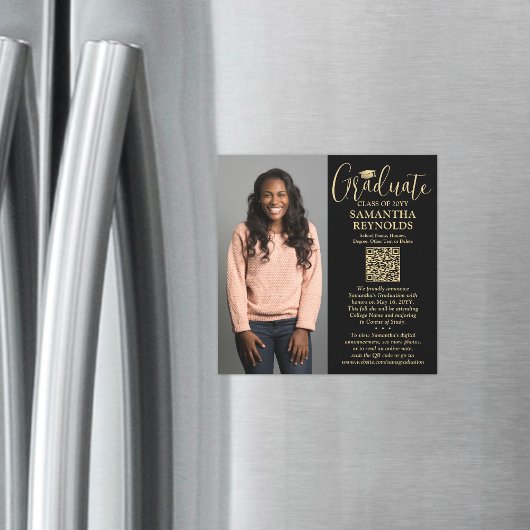 Invitation Magnétique Aimant photo en or noir QR Graduation