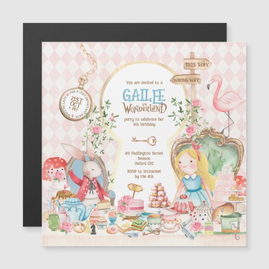 Invitation Magnétique Alice Aventures dans Woderland Anniversaire Tea Pa (Devant / Derrière)