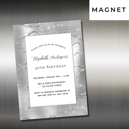 Invitation Magnétique Anniversaire argent blanc élégant luxe