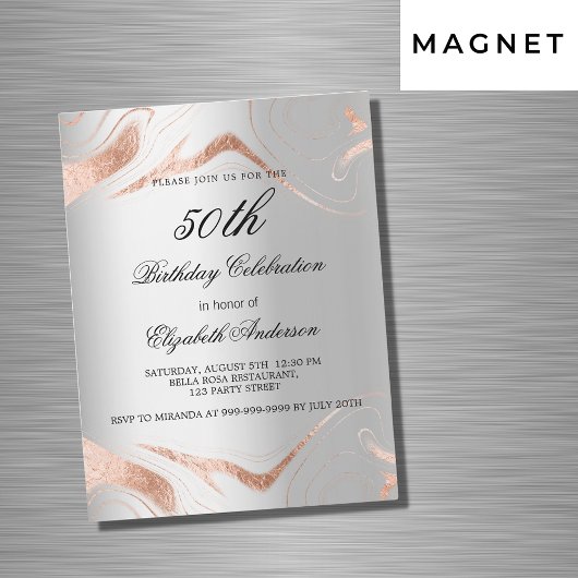 Invitation Magnétique Anniversaire argent rose or marbre luxe