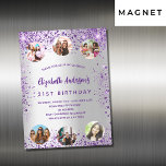 Invitation Magnétique Anniversaire argent violet photo amis luxe<br><div class="desc">Une invitation magnétique à la fête d'anniversaire de 21e anniversaire, féminine et féminine (ou tout âge). Devant : Un arrière - plan à la mode faux argent. Décoré de parties scintillant en faux violet foncé, brille. Personnalisez et ajoutez un nom, les détails de la fête et 6 photos. Le nom...</div>