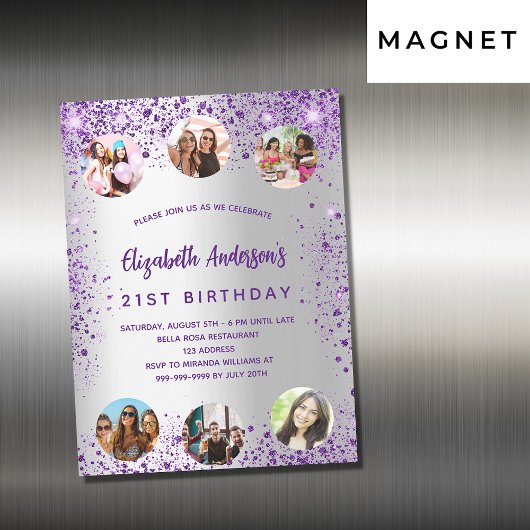 Invitation Magnétique Anniversaire argent violet photo amis luxe