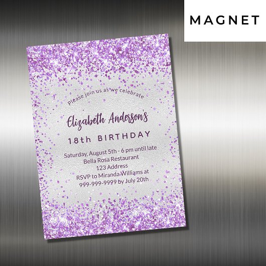 Invitation Magnétique Anniversaire argent violet violet parties scintill
