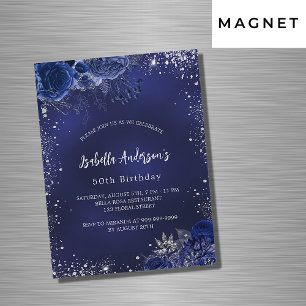 Invitation Magnétique Anniversaire bleu marine fleurs argent brillant lu