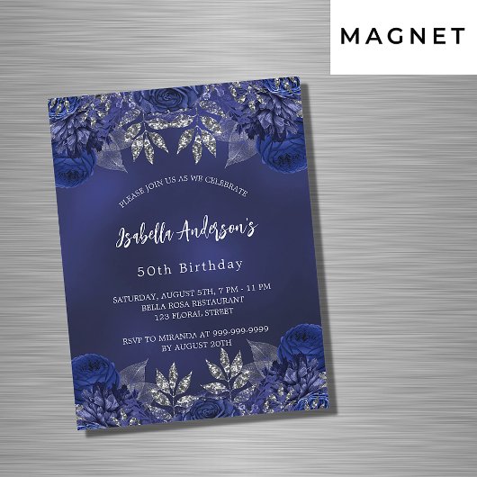 Invitation Magnétique Anniversaire bleu marine fleurs élégant luxe