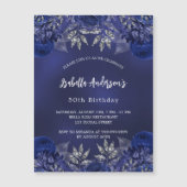 Invitation Magnétique Anniversaire bleu marine fleurs élégant luxe (Devant)