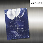 Invitation Magnétique Anniversaire marine bleu parties scintillant ballo<br><div class="desc">Un aimant d'invitation moderne,  élégant et glamour pour une fête d'anniversaire de 21ème (ou tout âge). Un arrière - plan bleu marine,  décoré de faux éclats de parties scintillant et de ballons blancs. La couleur bleue est inégale. Personnalisez et ajoutez votre nom et les détails de votre fête.</div>