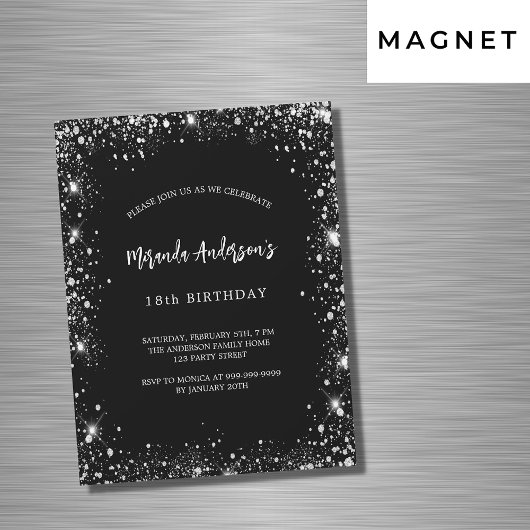 Invitation Magnétique Anniversaire noir argent parties scintillant luxe