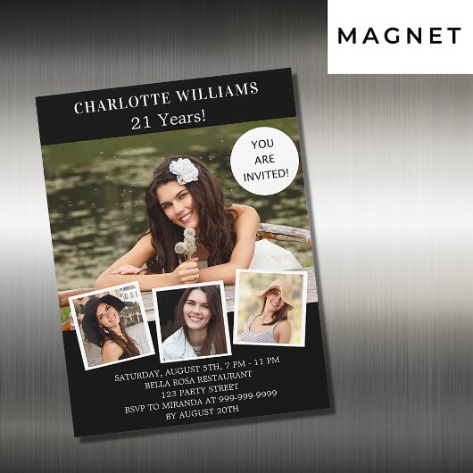 Invitation Magnétique Anniversaire noir blanc photo collage luxe