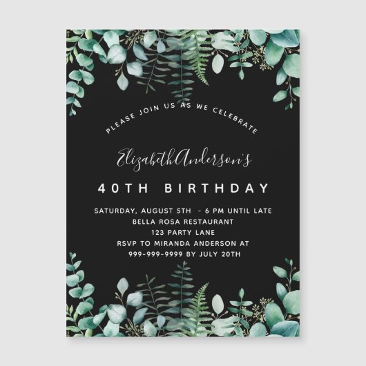 Invitation Magnétique Anniversaire noir eucalyptus verdure boisé luxe (Devant)