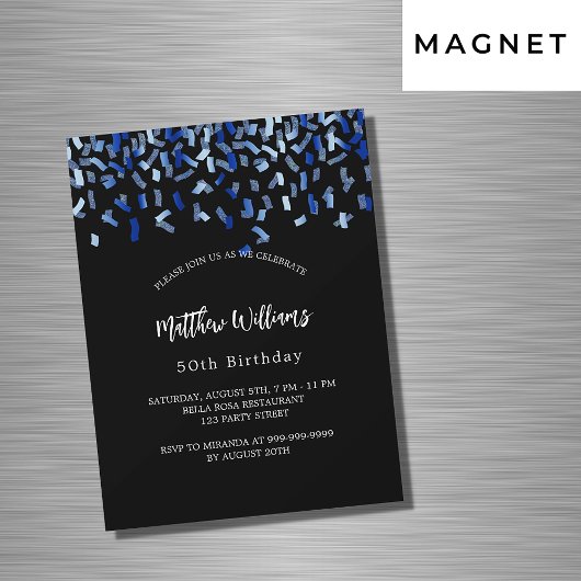 Invitation Magnétique Anniversaire noir marine bleu confetti luxe