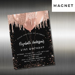 Invitation Magnétique Anniversaire noir rose or parties scintillant ball<br><div class="desc">Un arrière - plan noir. Décoré d'or rose,  de gouttes de parties scintillant blush,  de la peinture goutte à goutte et des ballons. Personnalisez et ajoutez un nom,  21 ans et les détails de la fête. Le nom est écrit avec un script de style manuscrit</div>