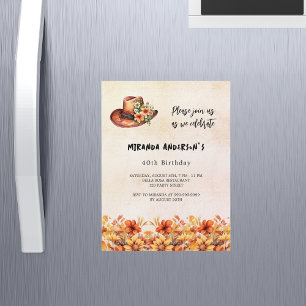 Invitation Magnétique Anniversaire orange fleurs boho cowgirl casquette
