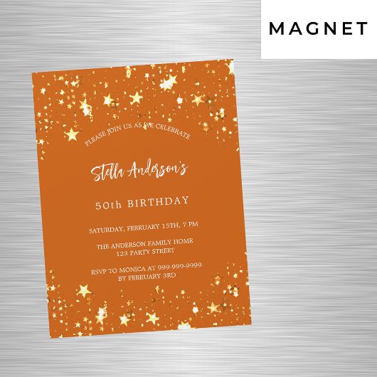 Invitation Magnétique Anniversaire orange or étoiles luxe moderne