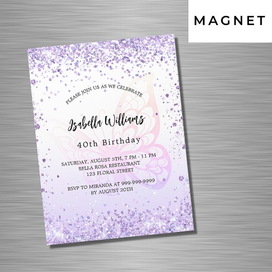 Invitation Magnétique Anniversaire papillon violet lavande script luxe
