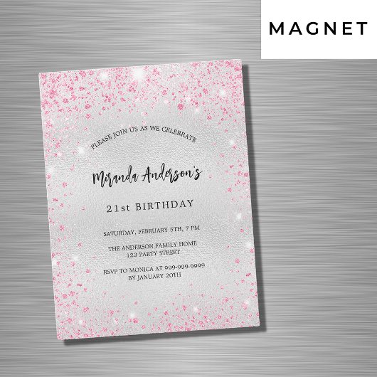 Invitation Magnétique Anniversaire parties scintillant rose argent luxe