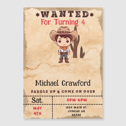Invitation Magnétique Anniversaire Recherché Boy Pays Ouest (Devant)