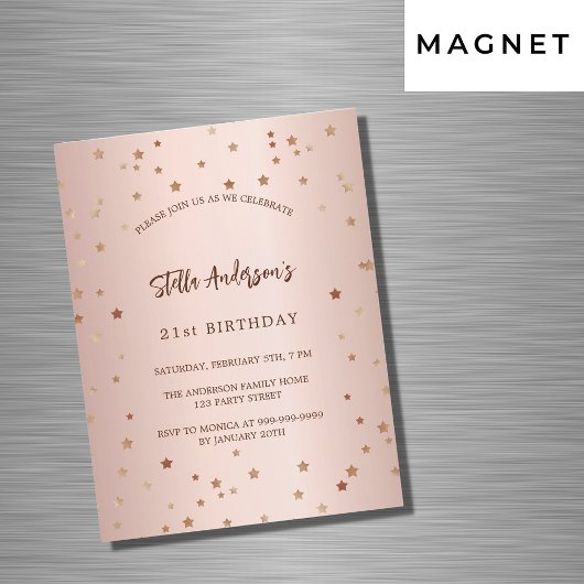 Invitation Magnétique Anniversaire rose or étoiles simple luxe