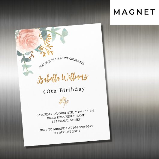 Invitation Magnétique Anniversaire rose or fleuri eucalyptus luxe